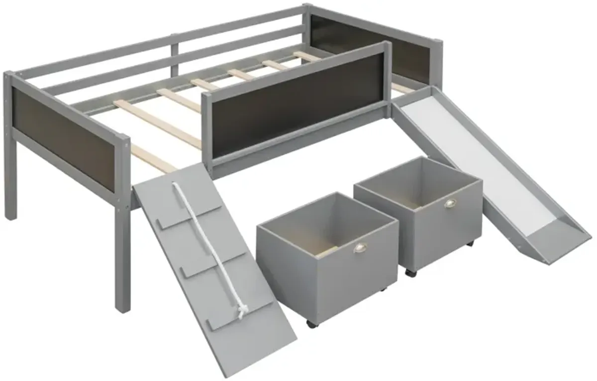 Twin size Loft Bed Wood Bed with Two Storage Boxes