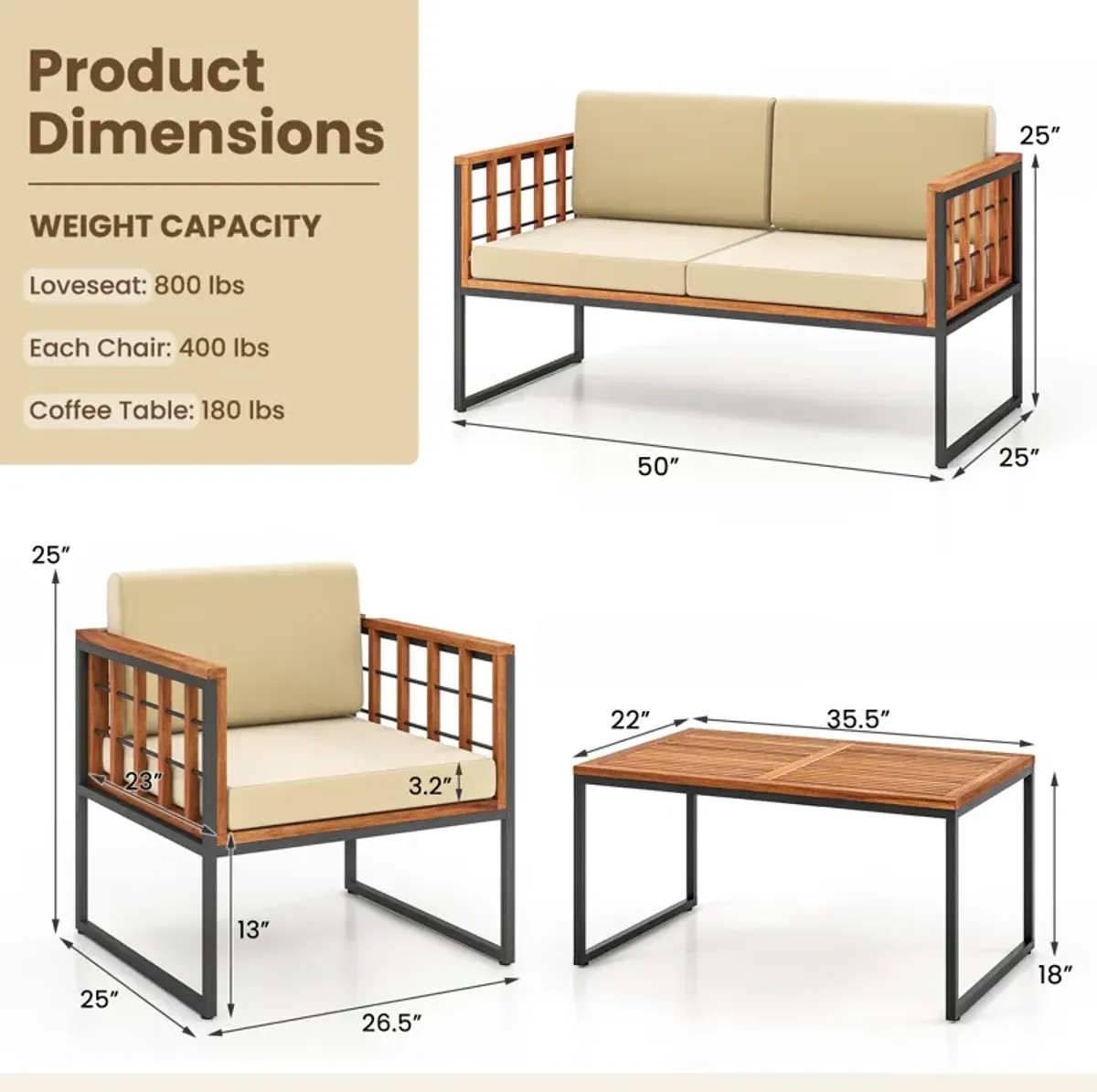 4 Pieces Acacia Wood Outdoor Sofa Set for Balcony  Porch  Backyard  Poolside