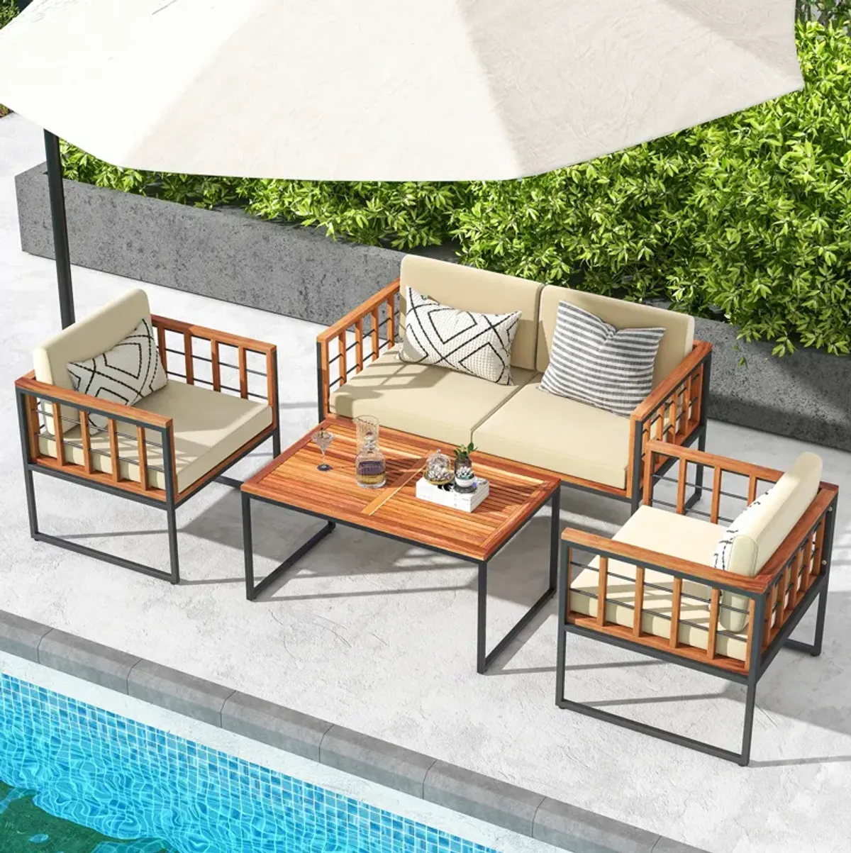 4 Pieces Acacia Wood Outdoor Sofa Set for Balcony  Porch  Backyard  Poolside