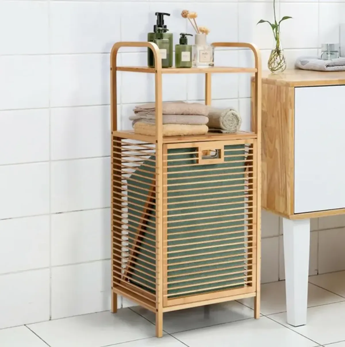 Hivvago Tilt-out Bamboo Laundry Hamper  with 2-Tier Shelf and Removable Liner