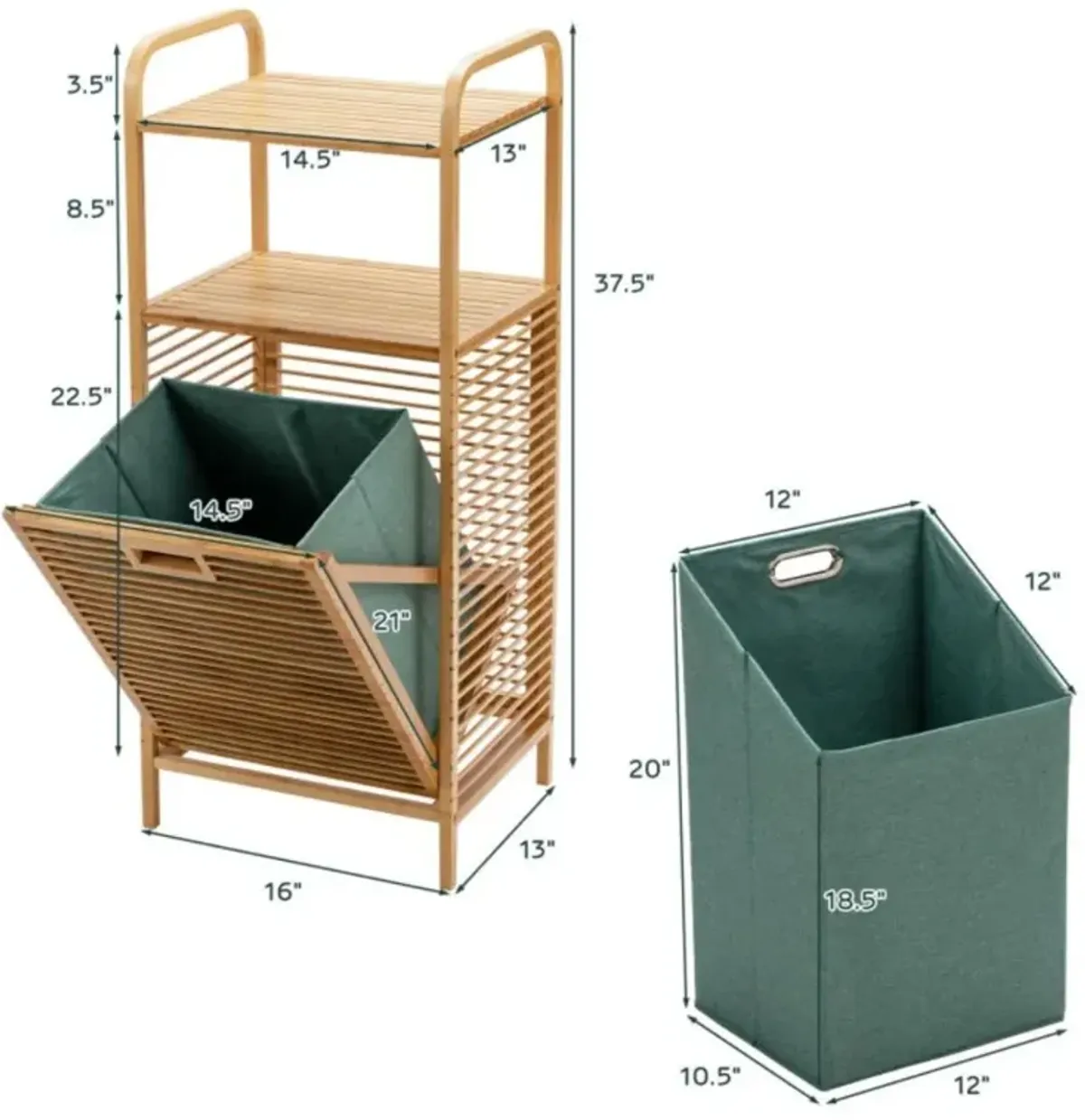 Hivvago Tilt-out Bamboo Laundry Hamper  with 2-Tier Shelf and Removable Liner