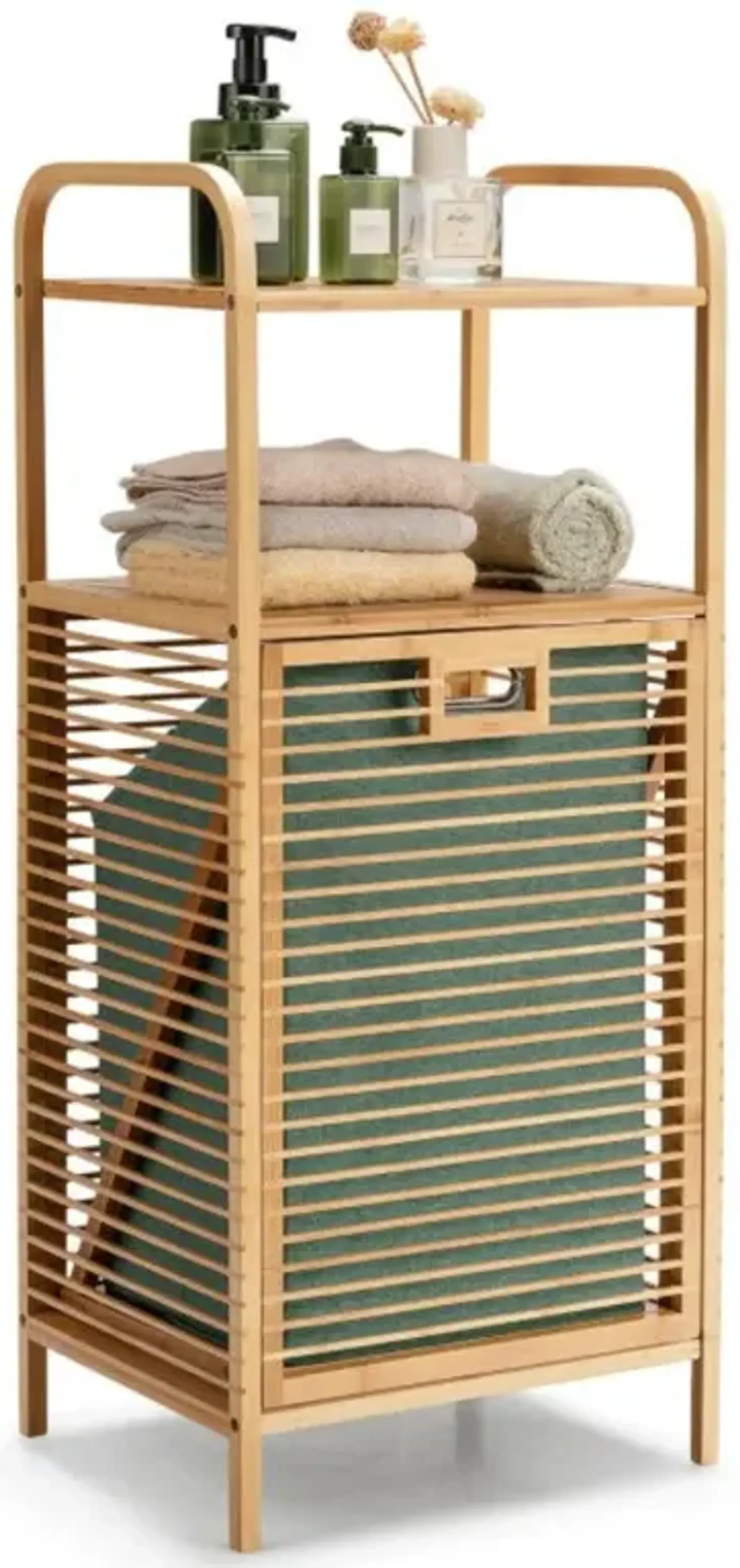 Hivvago Tilt-out Bamboo Laundry Hamper  with 2-Tier Shelf and Removable Liner