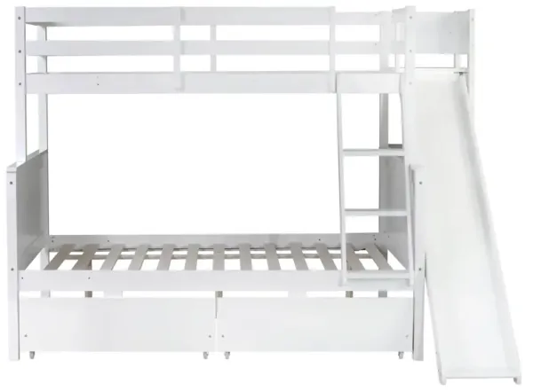 Whisen Twin over Full Rubber Wood Bunk Bed with 2 Drawers, Slide, Shelves and Ladder - White