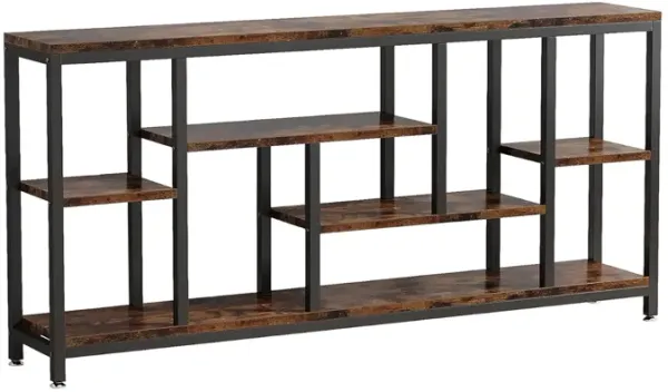 Console Sofa Table, 6 Brown Shelves, Industrial Black Metal, 71 Inch