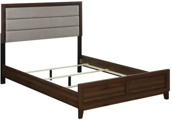 Yels Queen Size Bed, Channel Tufted Taupe Upholstery, Dark Brown Wood - Benzara