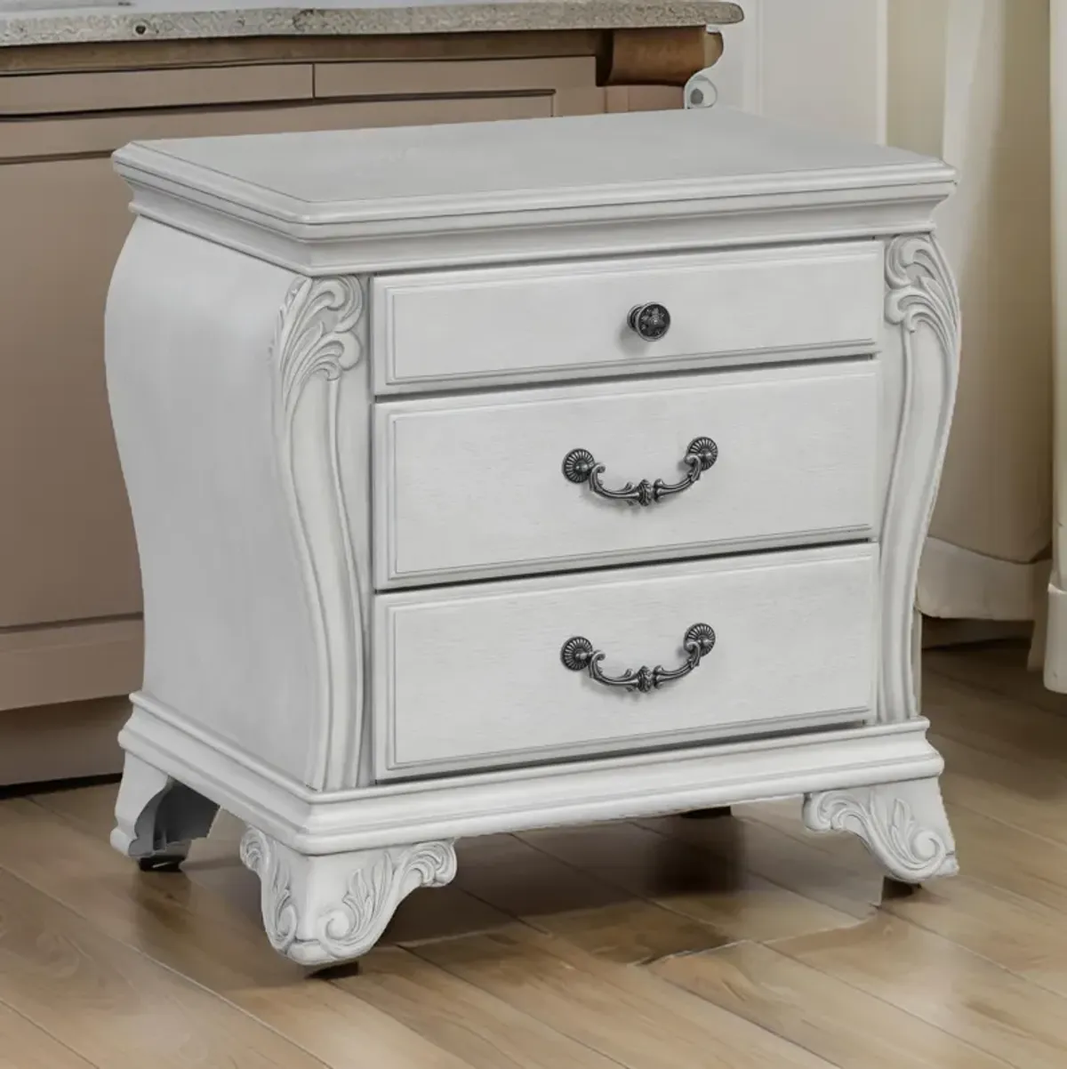 Api 29 Inch Nightstand, 3 Drawers, 2 Drop Handles, Classic Mist Gray - Benzara