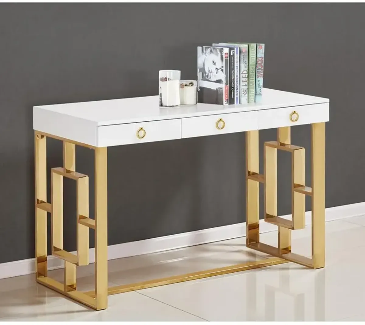 Best Master Furniture Best Master Brooks 3-Drawer Wood and Stainless Steel Frame Writing Desk - Gold