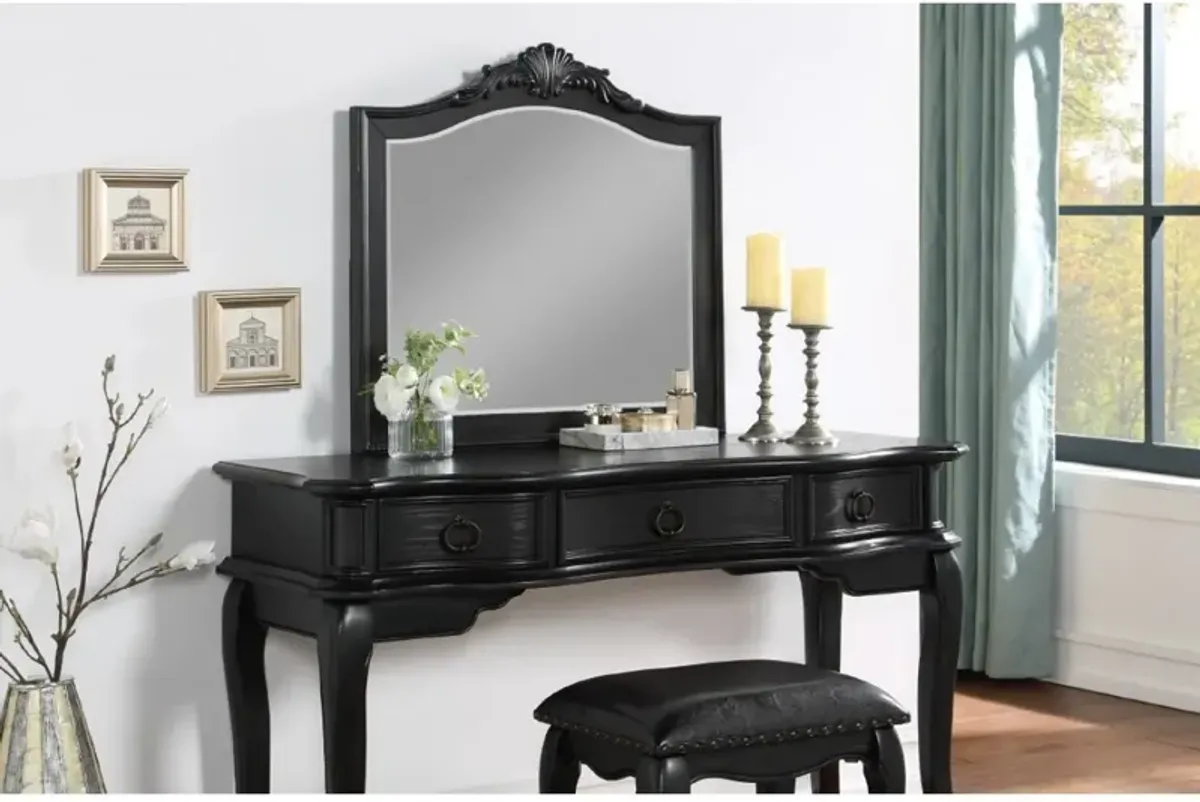 Black Vanity Set with Stool, Retro Style Drawers, Mirror & Floral Crown Molding