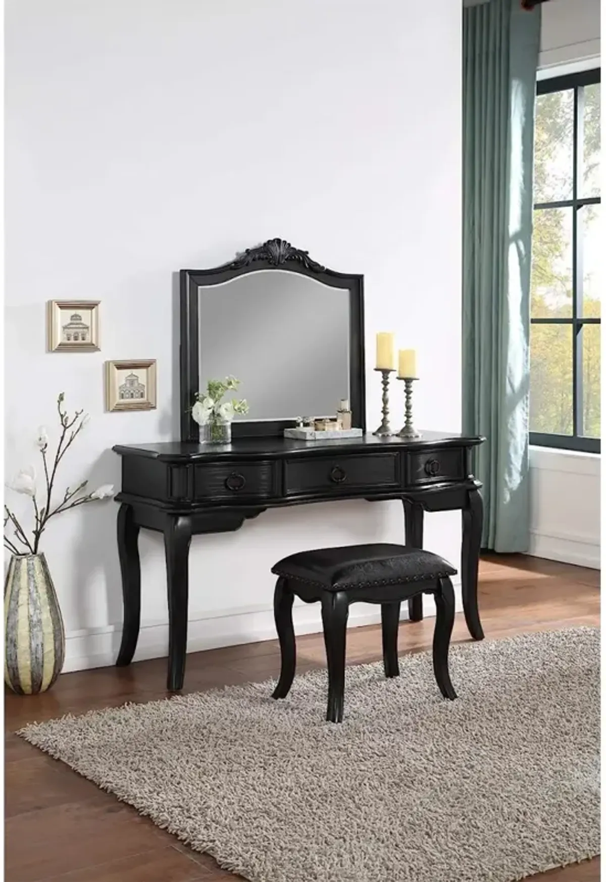 Black Vanity Set with Stool, Retro Style Drawers, Mirror & Floral Crown Molding