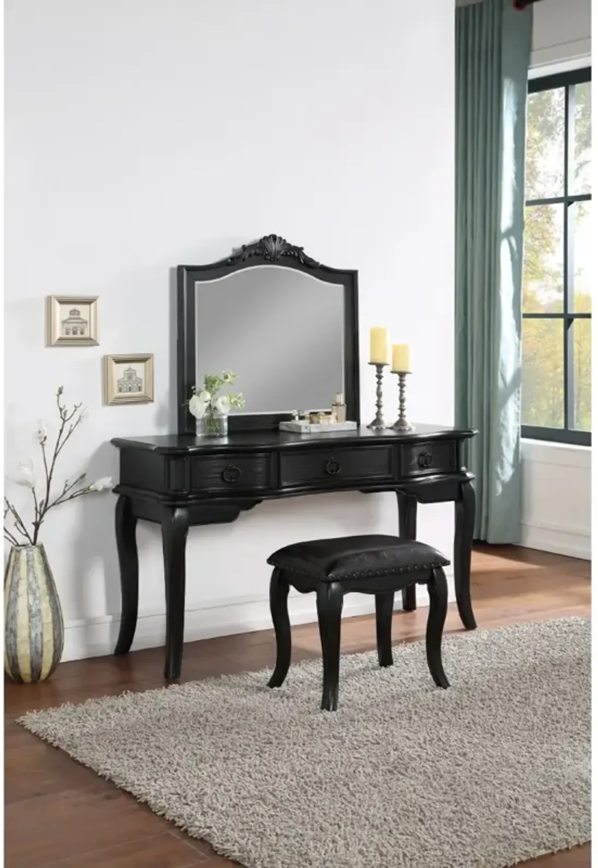 Black Vanity Set with Stool, Retro Style Drawers, Mirror & Floral Crown Molding