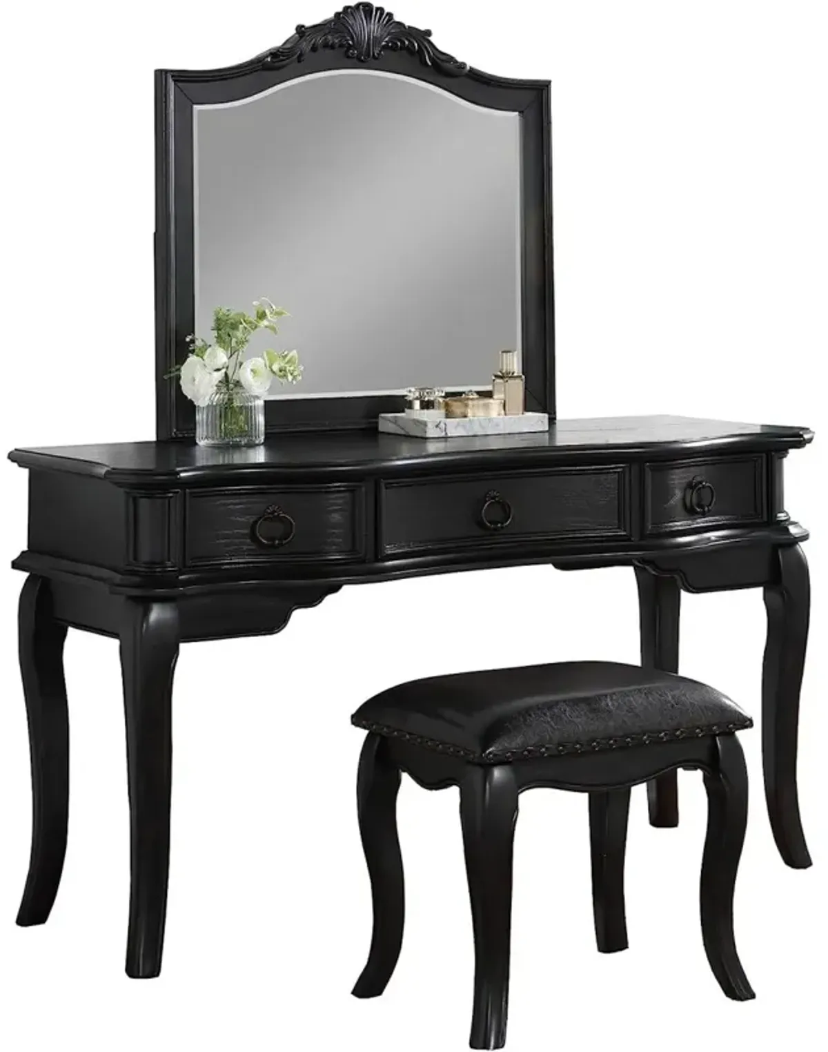 Black Vanity Set with Stool, Retro Style Drawers, Mirror & Floral Crown Molding