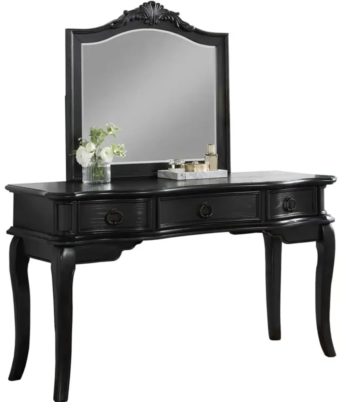 Black Vanity Set with Stool, Retro Style Drawers, Mirror & Floral Crown Molding