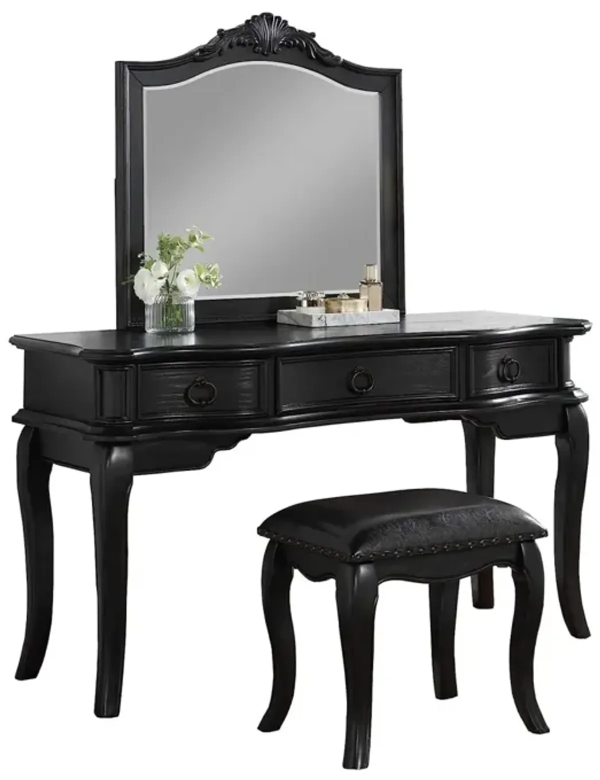 Black Vanity Set with Stool, Retro Style Drawers, Mirror & Floral Crown Molding