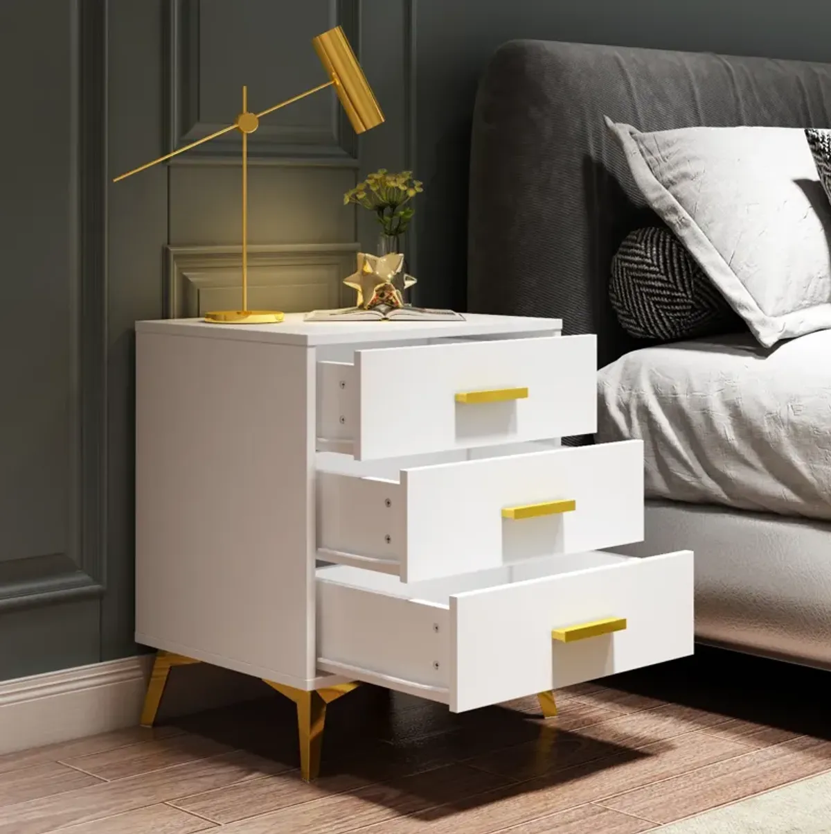 Modern Nightstand with 3 Storage Drawers & Gold Metal Legs, Minimalist and Versatile Bedside Table Sofa End Side Table, White (19.7" W x 15.7" D x 23.6" H)