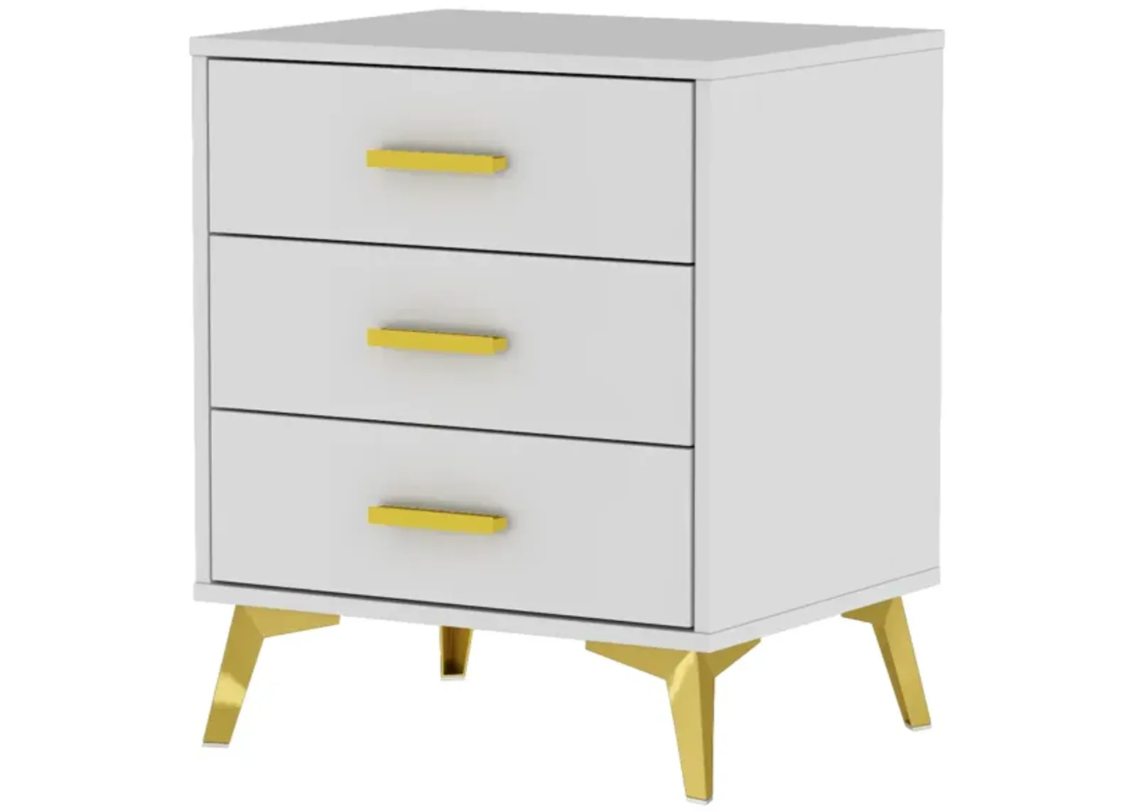 Modern Nightstand with 3 Storage Drawers & Gold Metal Legs, Minimalist and Versatile Bedside Table Sofa End Side Table, White (19.7" W x 15.7" D x 23.6" H)