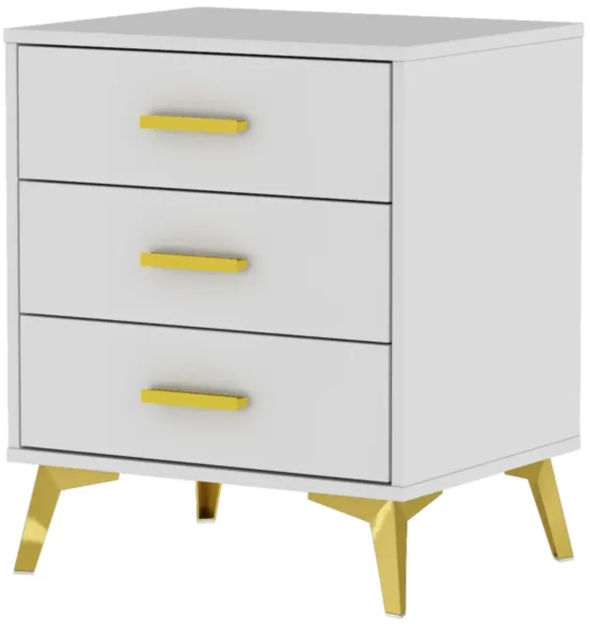 Modern Nightstand with 3 Storage Drawers & Gold Metal Legs, Minimalist and Versatile Bedside Table Sofa End Side Table, White (19.7" W x 15.7" D x 23.6" H)