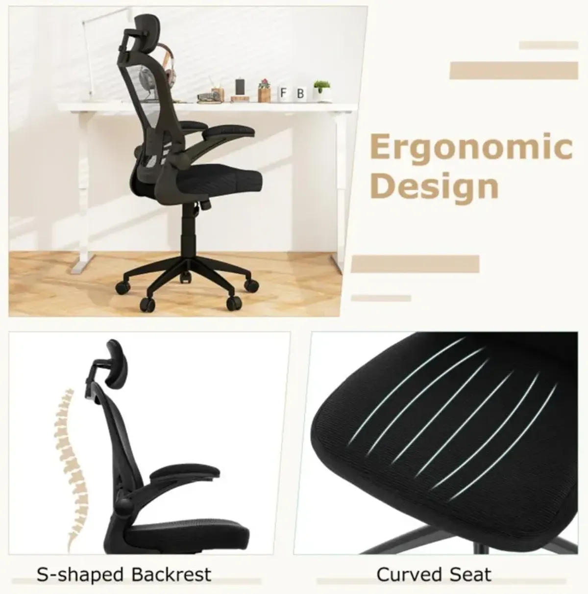 Ergonomic Mesh Office Chair with Adjustable Height for Home Office-Black