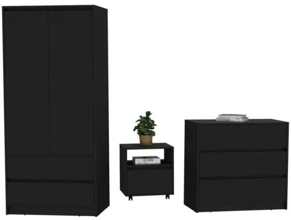 Beloit 3 Piece Bedroom Set, Nightstand + Dresser+ Armoire, Black