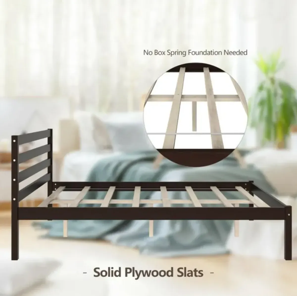 Hivvago Modern Bed Frame with Wooden Headboard and Plywood Slat Support