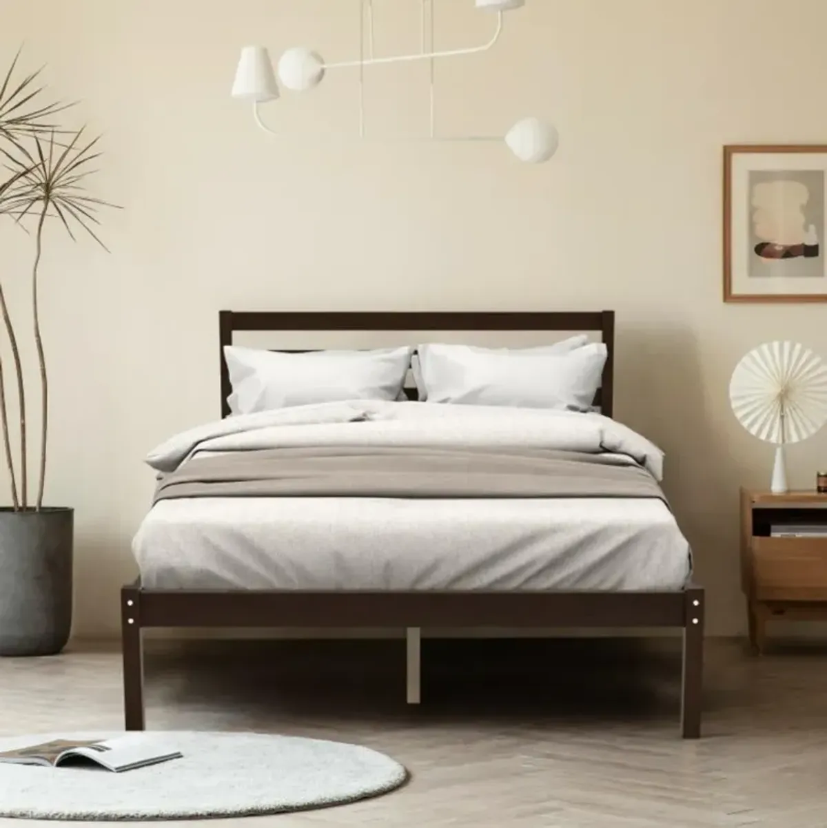 Hivvago Modern Bed Frame with Wooden Headboard and Plywood Slat Support