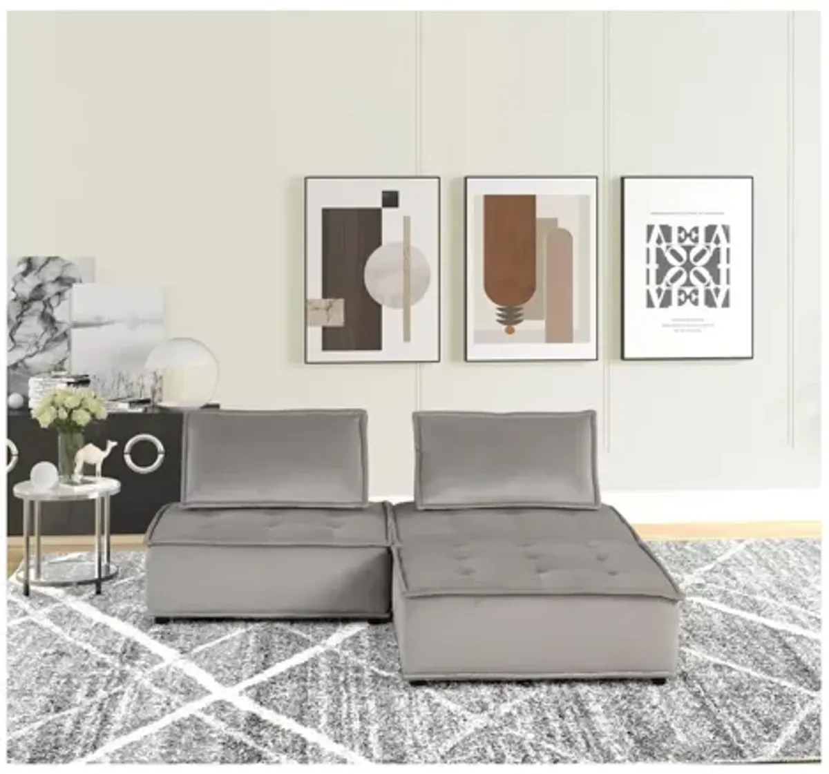 Anna Light Gray Velvet 3 Pc Sectional Sofa Ottoman