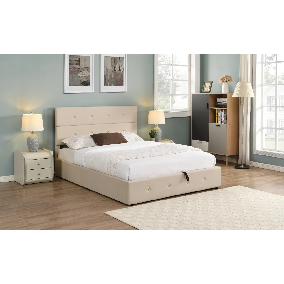 Upholstered Platform Bed with Underneath Storage, Queen Size, Gray