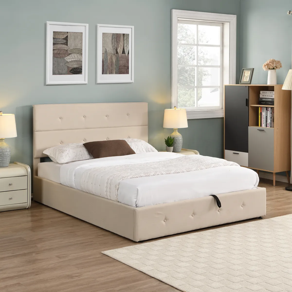 Upholstered Platform Bed with Underneath Storage, Queen Size, Gray