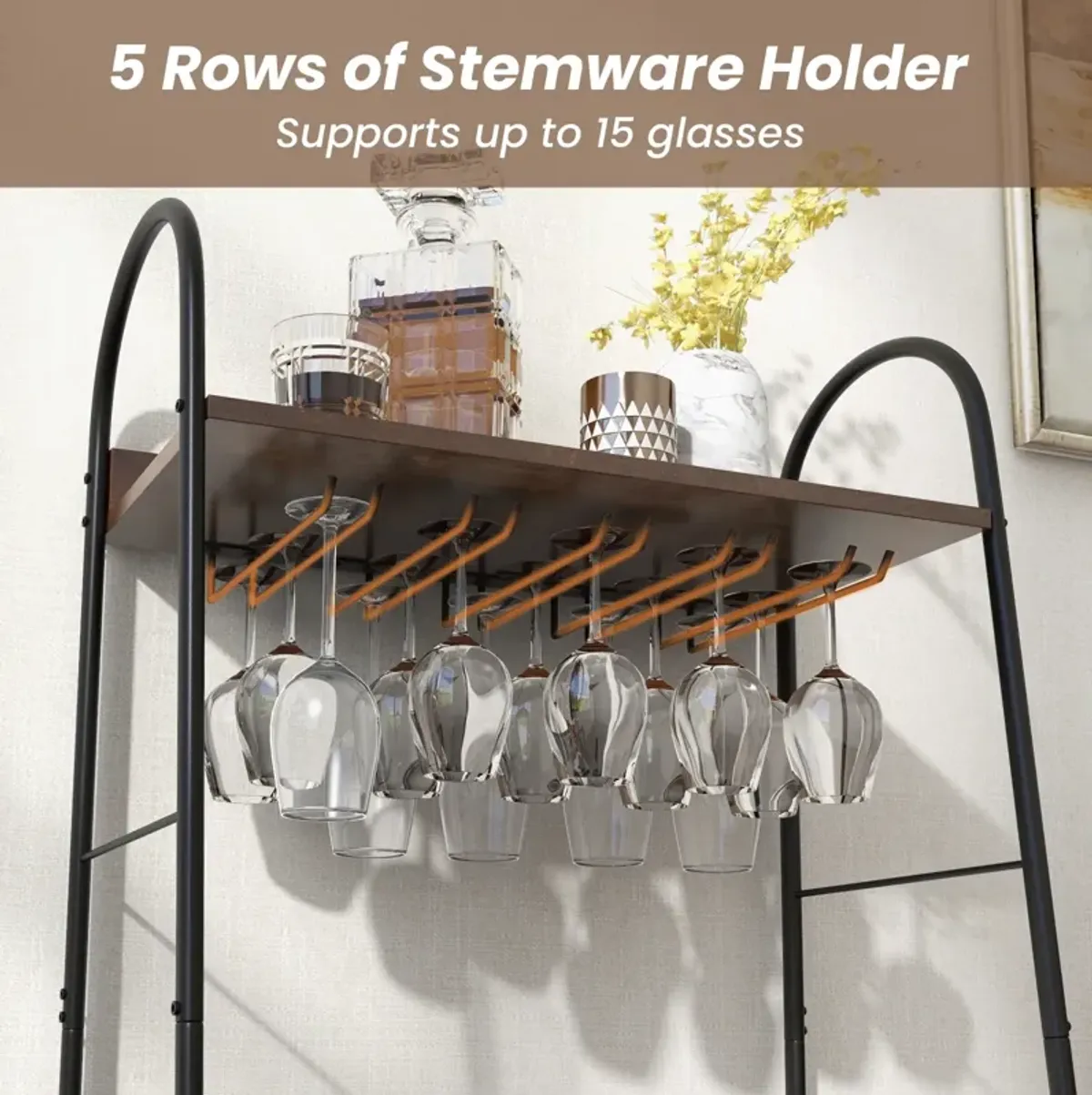 Baker's Rack with Detachable Wine Rack and 5 Rows of Stemware Holder-Rustic Brown