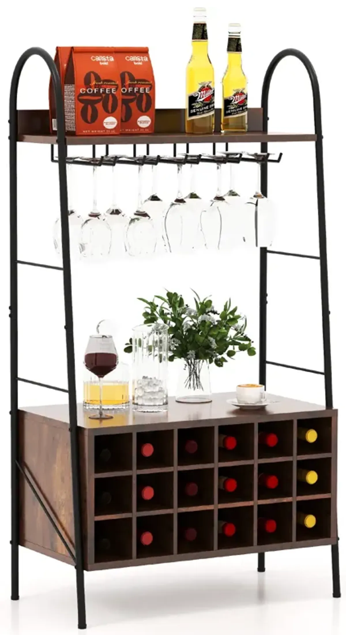 Baker's Rack with Detachable Wine Rack and 5 Rows of Stemware Holder-Rustic Brown