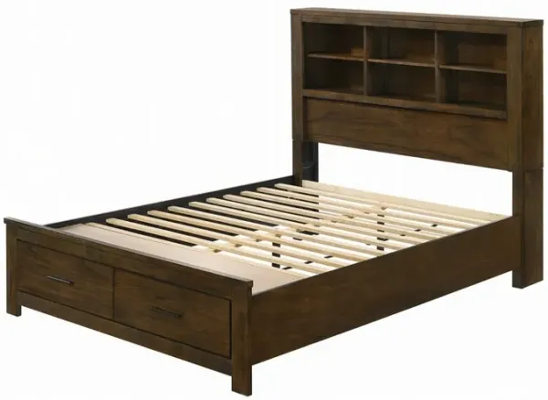 Maryl King Size Bed, Bookcase Headboard, 6 Shelves, Dark Brown Wood - Benzara