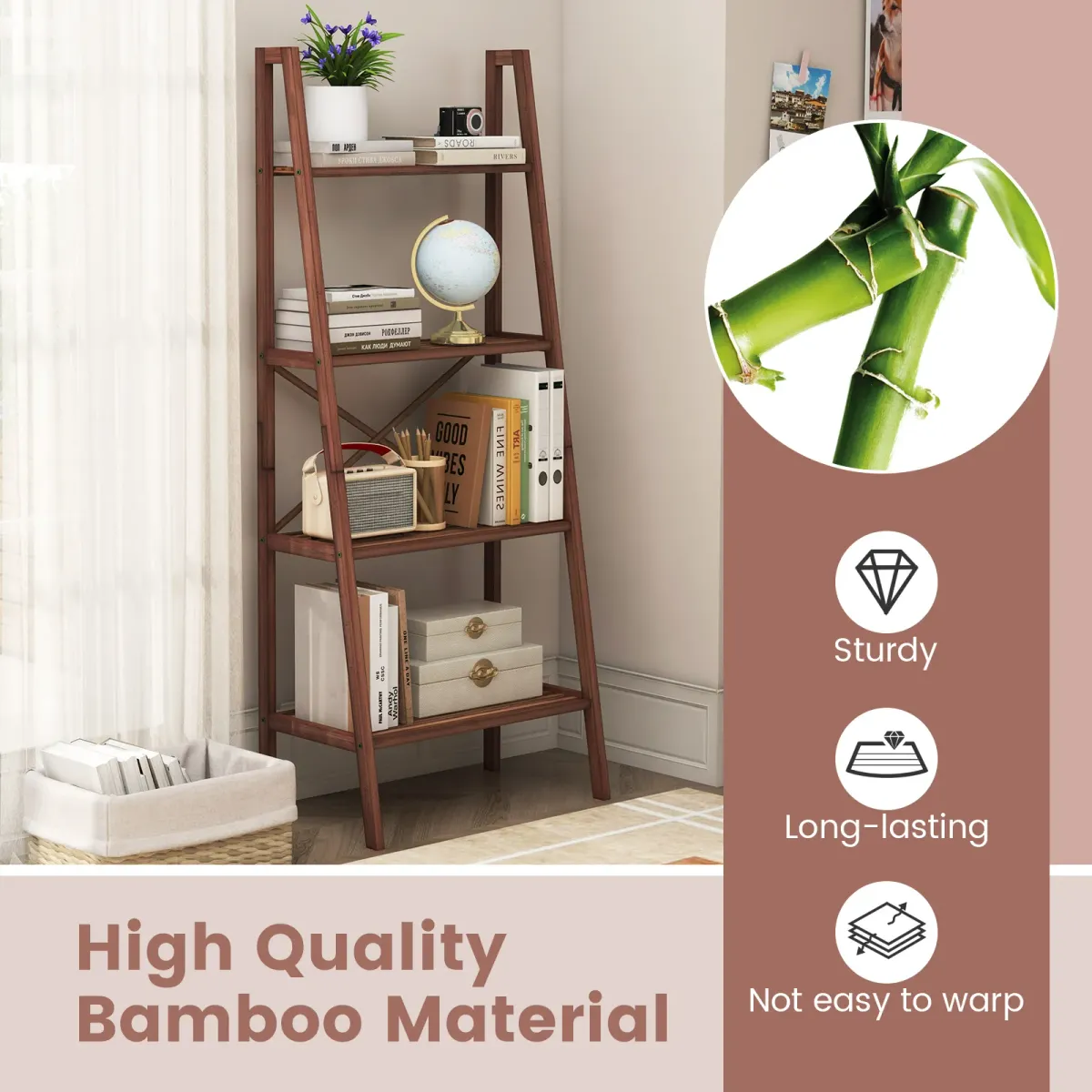 58-Inch 4-Tier Wicker Ladder Shelf – Stylish Storage Bookshelf for Home or Office