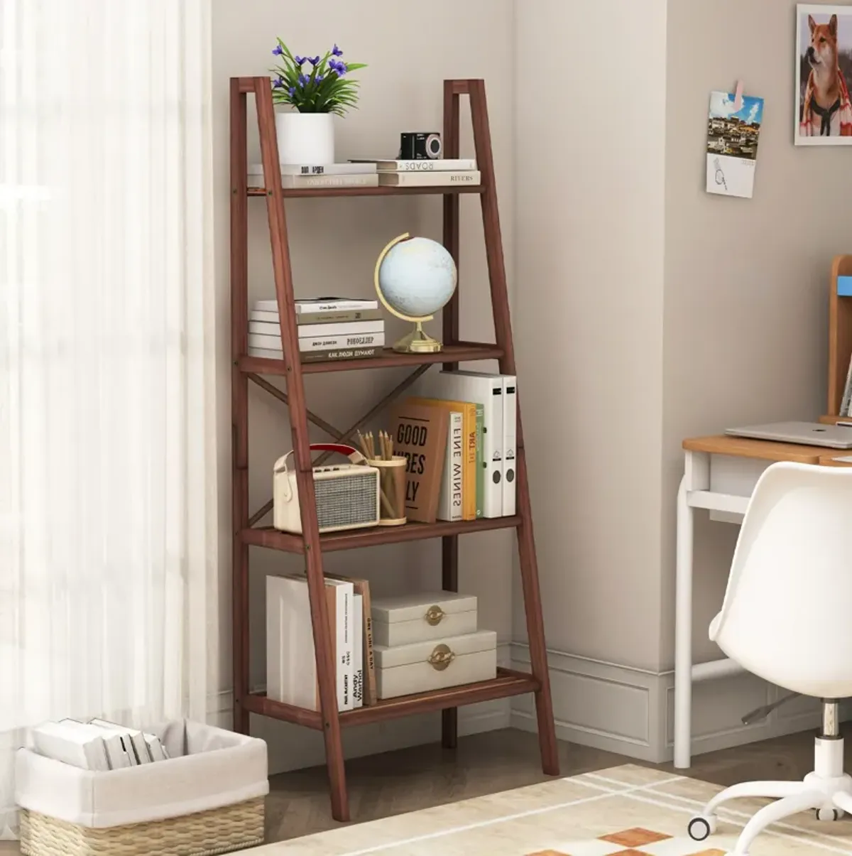 58-Inch 4-Tier Wicker Ladder Shelf – Stylish Storage Bookshelf for Home or Office