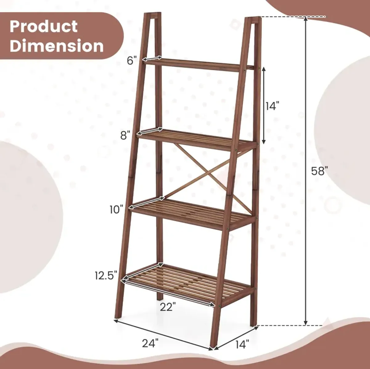 58-Inch 4-Tier Wicker Ladder Shelf – Stylish Storage Bookshelf for Home or Office