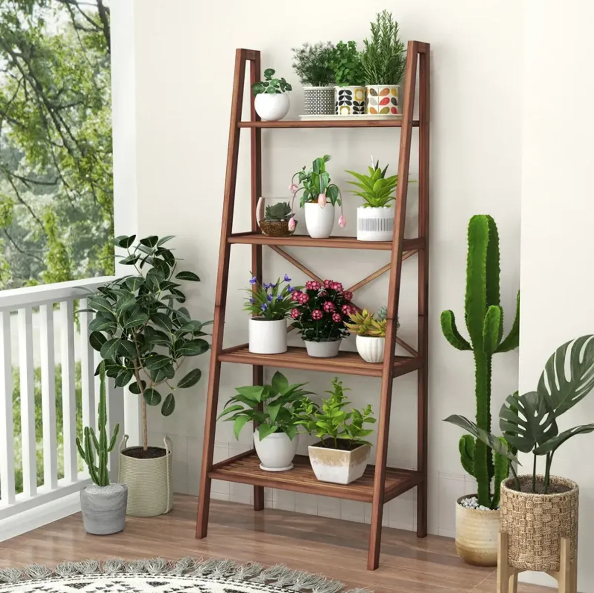 58-Inch 4-Tier Wicker Ladder Shelf – Stylish Storage Bookshelf for Home or Office