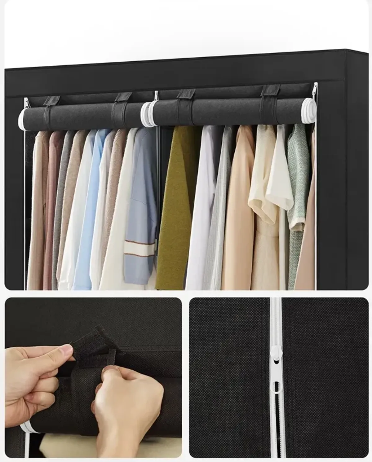 Portable Closet Wardrobe with Shoe Rack, Cover & Dual Hanging Rods