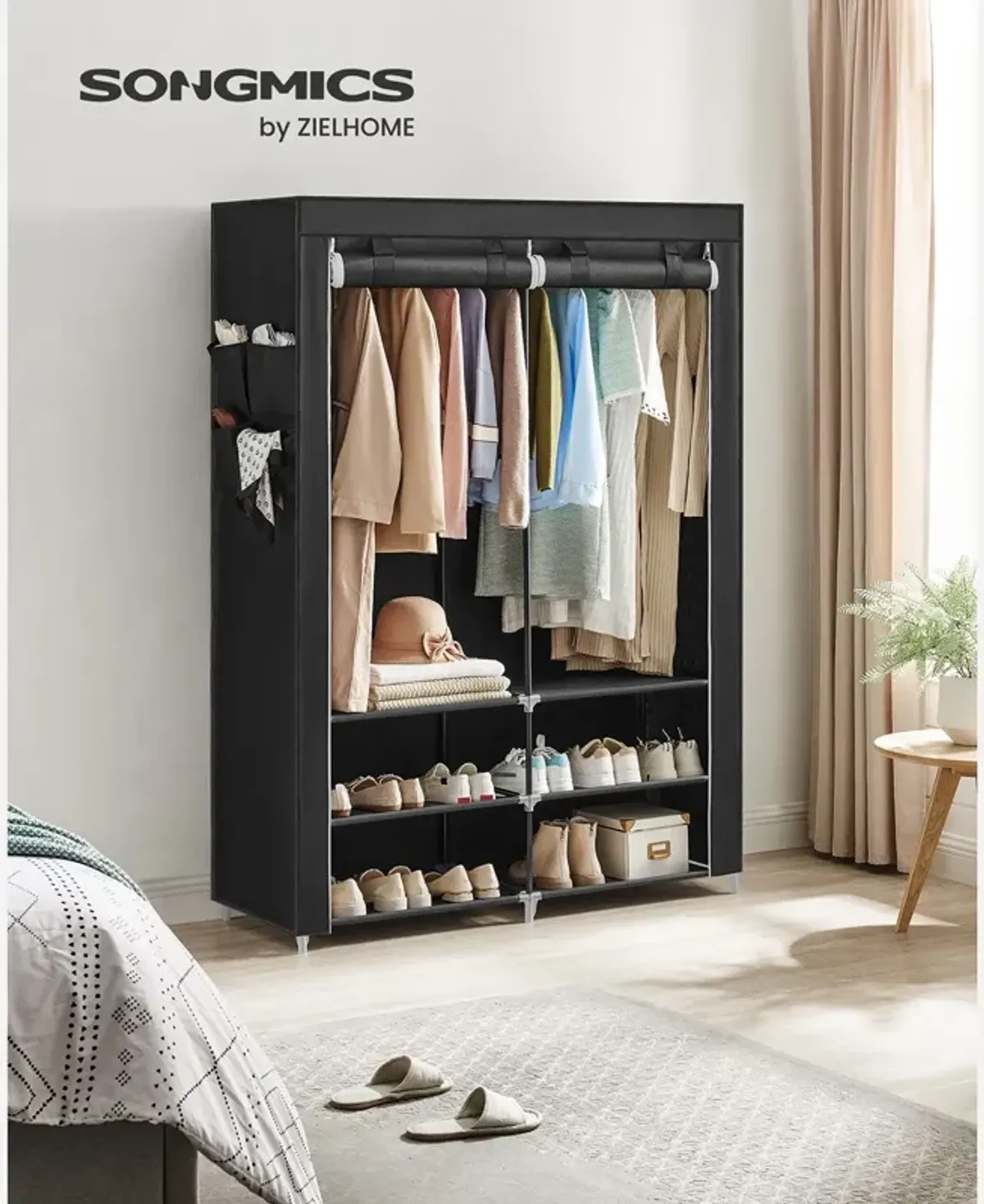 Portable Closet Wardrobe with Shoe Rack, Cover & Dual Hanging Rods