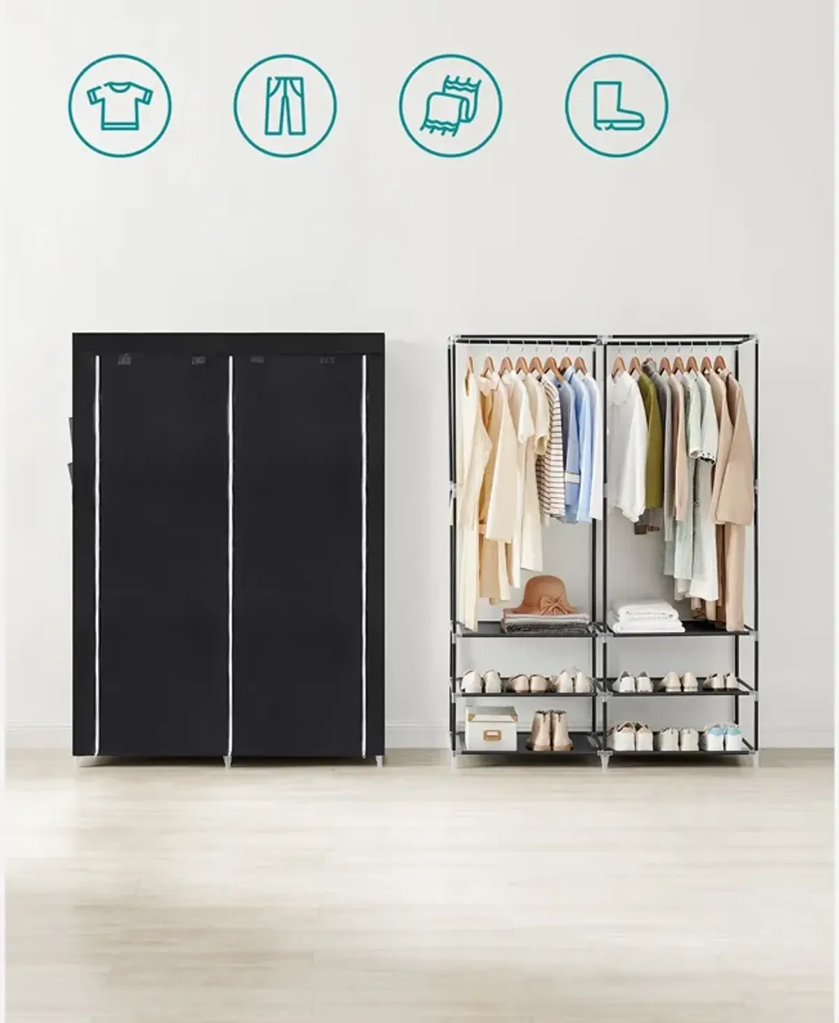 Portable Closet Wardrobe with Shoe Rack, Cover & Dual Hanging Rods