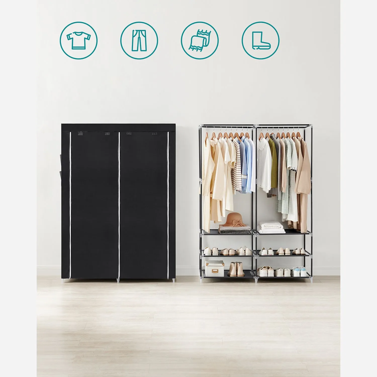 Portable Closet Wardrobe with Shoe Rack, Cover & Dual Hanging Rods