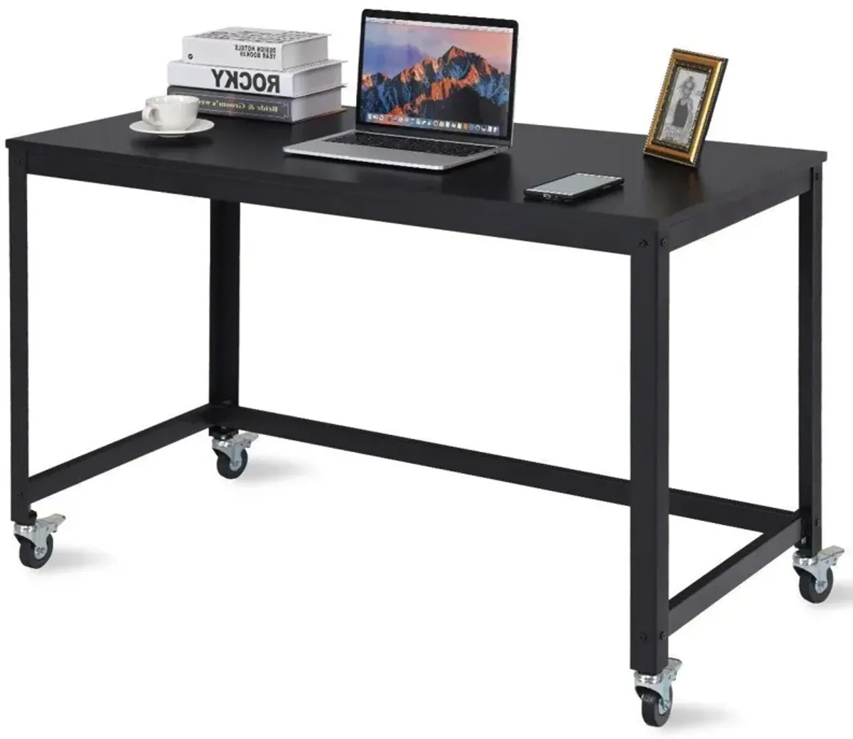 Hivvago Mobile Steel Frame Laptop Computer Desk with Black Wood Top and Locking Casters