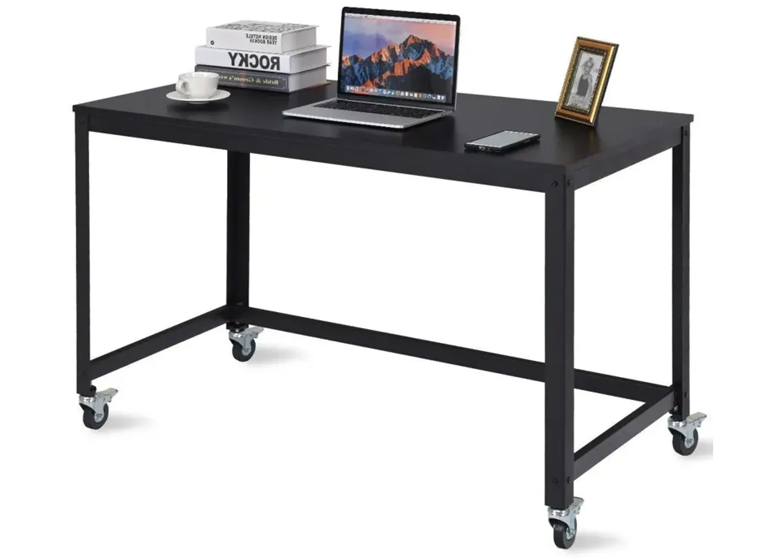 Hivvago Mobile Steel Frame Laptop Computer Desk with Black Wood Top and Locking Casters