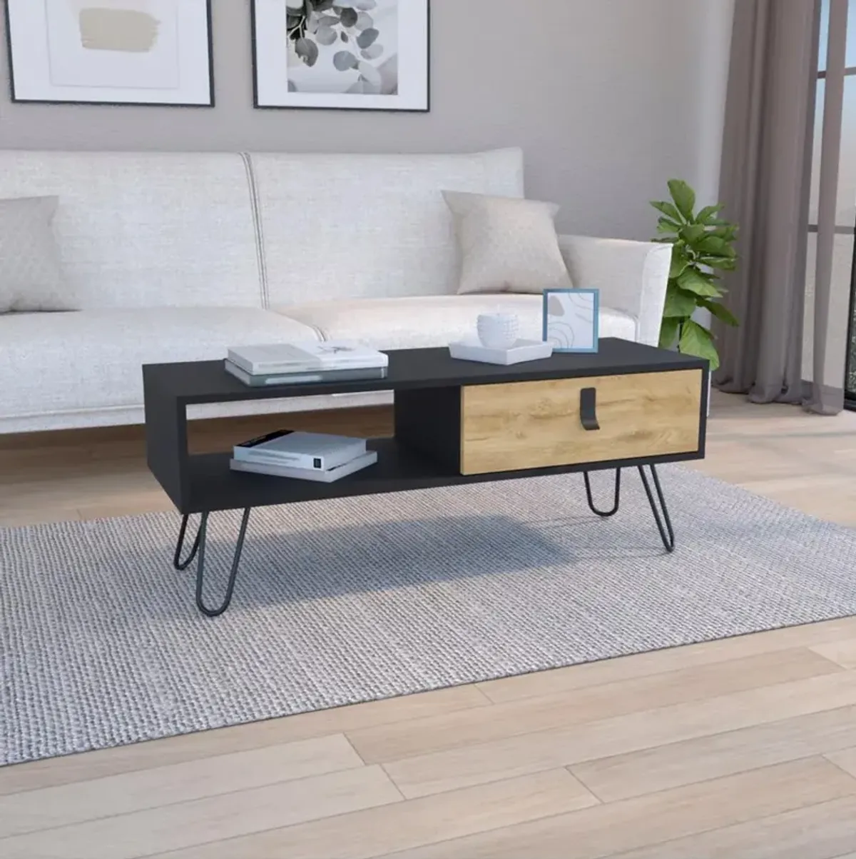 Mosby Coffee Table with Modern Hairpin Legs Design and Drawer