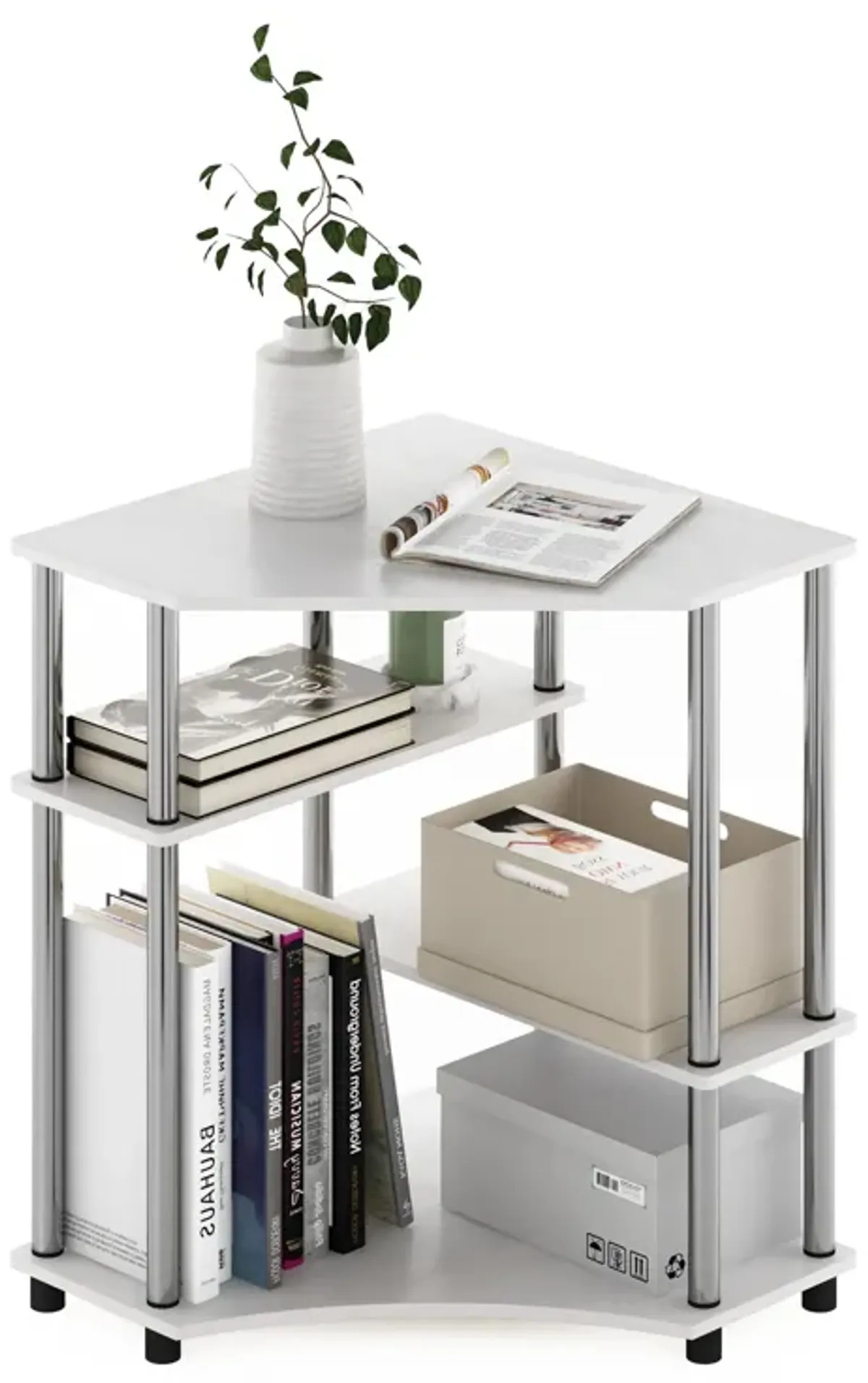 Furinno Furinno Turn-N-Tube Space Saving Corner Desk with Shelves, White Oak, Stainless Steel Tubes