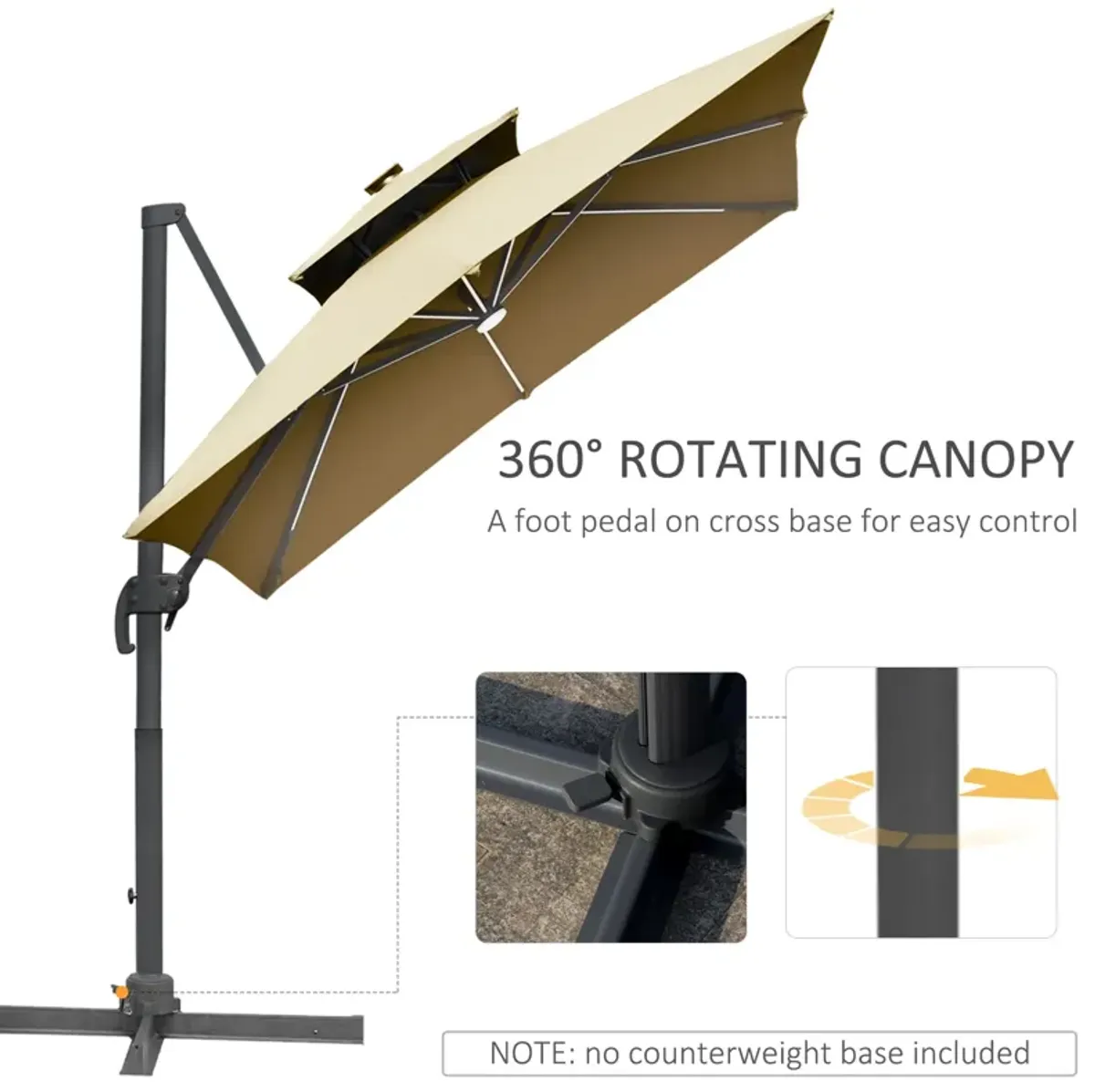 Khaki Patio Shade: 10ft Solar LED Cantilever Umbrella with Rotation