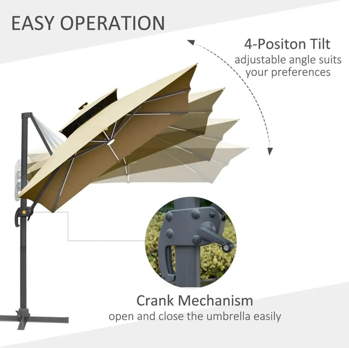 Khaki Patio Shade: 10ft Solar LED Cantilever Umbrella with Rotation