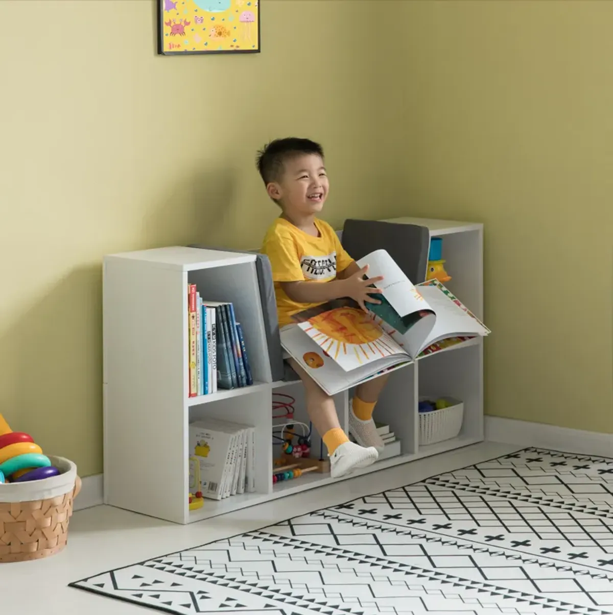 White Modern Multi-Purpose Bookshelf with Storage Space and Gray Cushioned Reading Nook