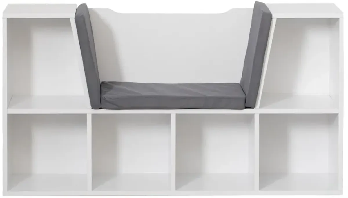 White Modern Multi-Purpose Bookshelf with Storage Space and Gray Cushioned Reading Nook