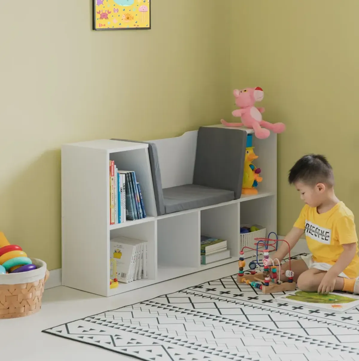 White Modern Multi-Purpose Bookshelf with Storage Space and Gray Cushioned Reading Nook