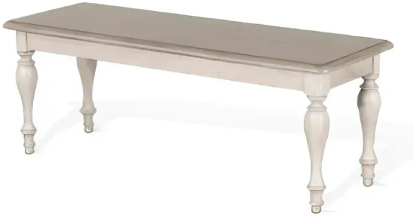 Sain Dining Bench, Taupe, White Mahogany Wood, Turned Legs, 68 Inch - Benzara