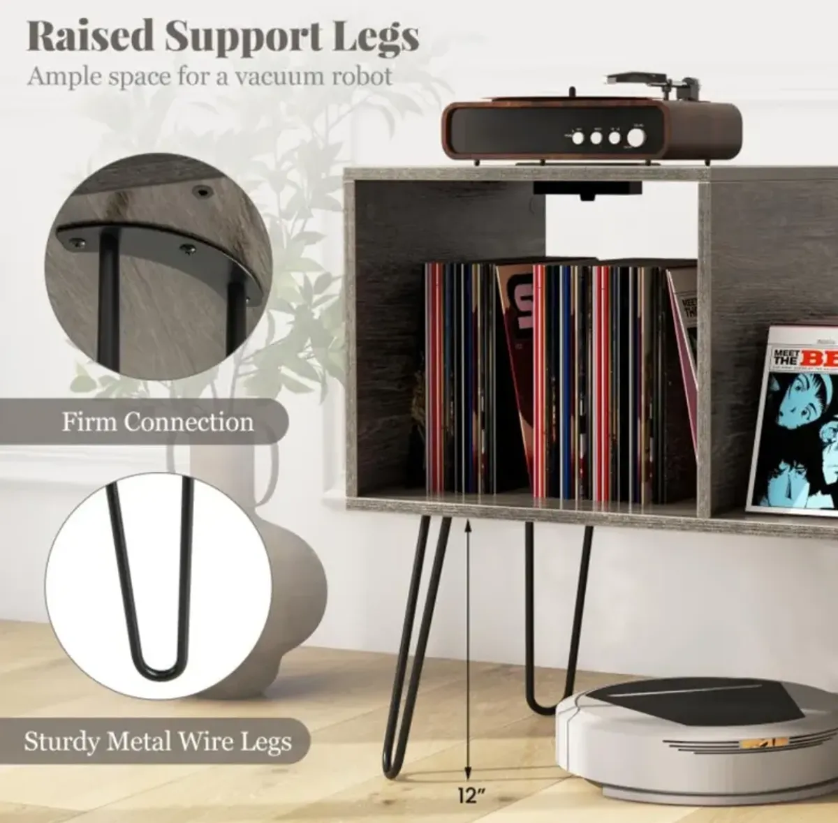 Hivvago Mid-century Record Player Stand with Power Outlet and Vinyl Divider