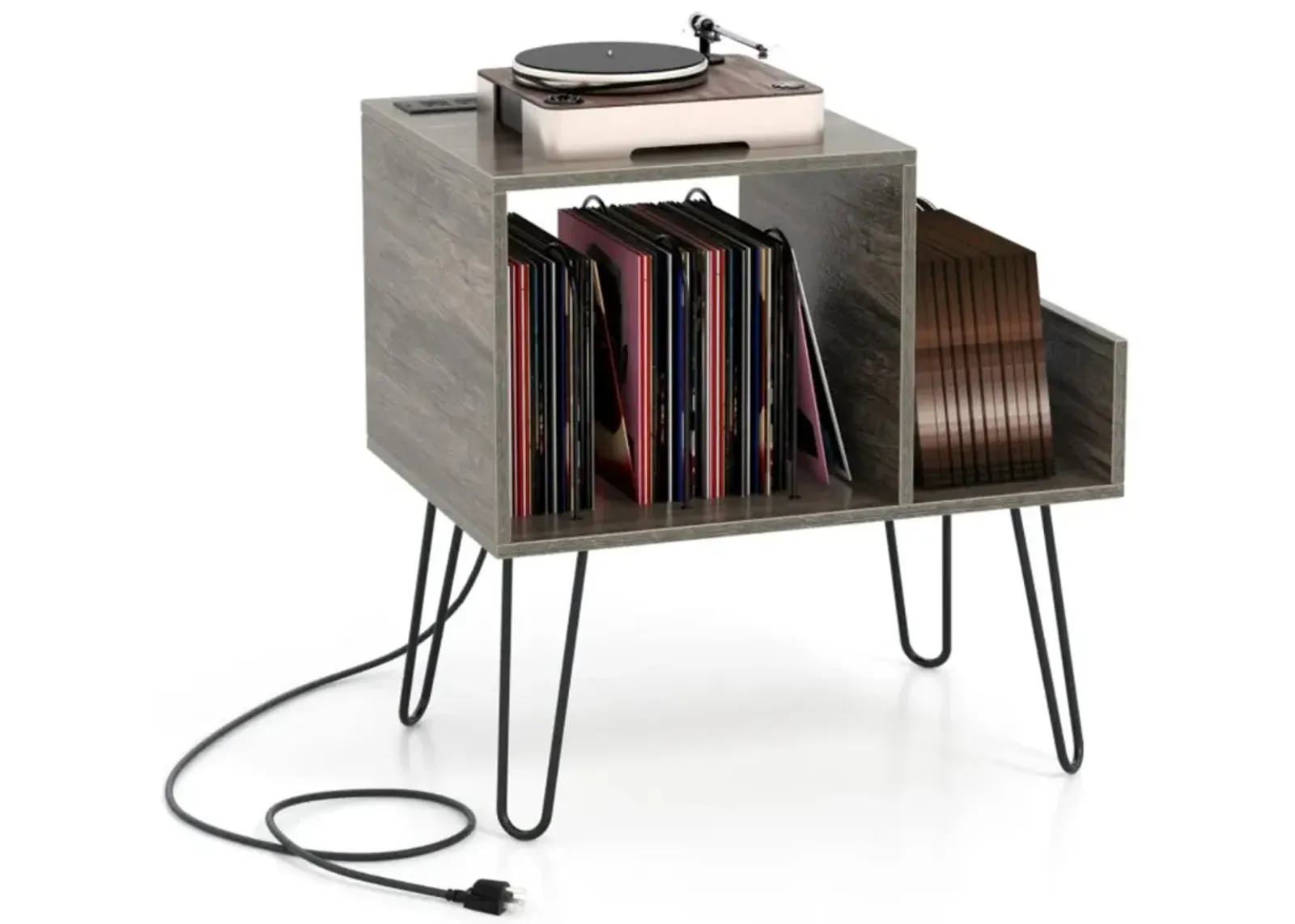 Hivvago Mid-century Record Player Stand with Power Outlet and Vinyl Divider